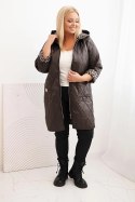 Kurtka damska zimowa pikowana Plus Size z podszewką w panterkę i kapturem brązowa