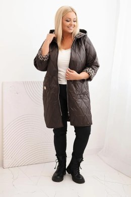 Kurtka damska zimowa pikowana Plus Size z podszewką w panterkę i kapturem brązowa