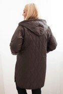 Kurtka damska zimowa pikowana Plus Size z podszewką w panterkę i kapturem brązowa