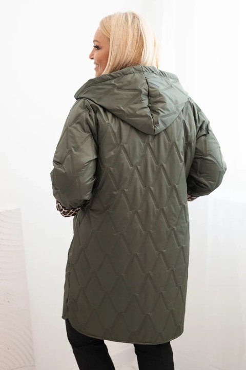 Kurtka damska zimowa pikowana Plus Size z podszewką w panterkę i kapturem khaki