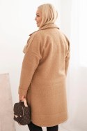 Płaszcz damski Plus Size z wełną zapinany na guziki z kieszeniami i kołnierzem camelowy