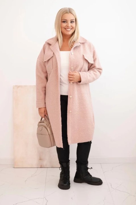 Płaszcz damski Plus Size z wełną zapinany na guziki z kieszeniami i kołnierzem pudrowy róż