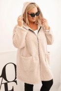 Płaszcz damski Plus Size z wiskozy zapinany na suwak z kapturem beżowy