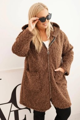 Płaszcz damski Plus Size z wiskozy zapinany na suwak z kapturem brązowy