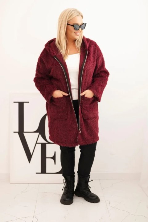 Płaszcz damski Plus Size z wiskozy zapinany na suwak z kapturem śliwkowy