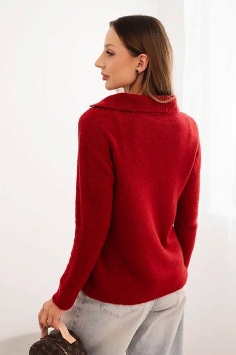 Sweter damski z baby alpaki z kołnierzem i dekoltem V bordowy