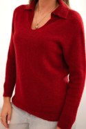 Sweter damski z baby alpaki z kołnierzem i dekoltem V bordowy