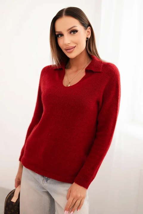 Sweter damski z baby alpaki z kołnierzem i dekoltem V bordowy