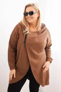 Bluza damska Plus Size ocieplana z kapturem i asymetrycznym zamkiem brązowa