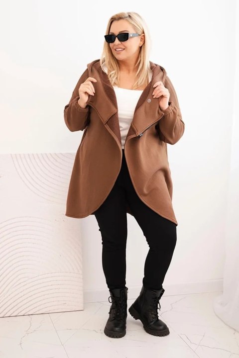 Bluza damska Plus Size ocieplana z kapturem i asymetrycznym zamkiem brązowa