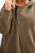 Bluza damska Plus Size ocieplana z kapturem i asymetrycznym zamkiem khaki
