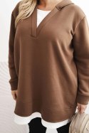 Bluza damska ocieplana Plus Size z kapturem i dekoltem w serek brązowa