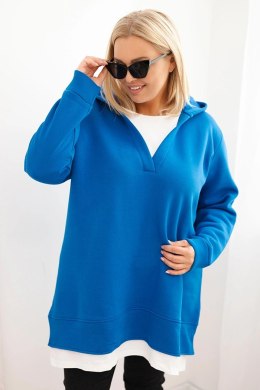 Bluza damska ocieplana Plus Size z kapturem i dekoltem w serek chabrowa