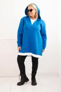 Bluza damska ocieplana Plus Size z kapturem i dekoltem w serek chabrowa