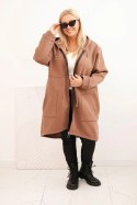 Bluza damska ocieplana Plus Size z kapturem i kieszeniami brązowa