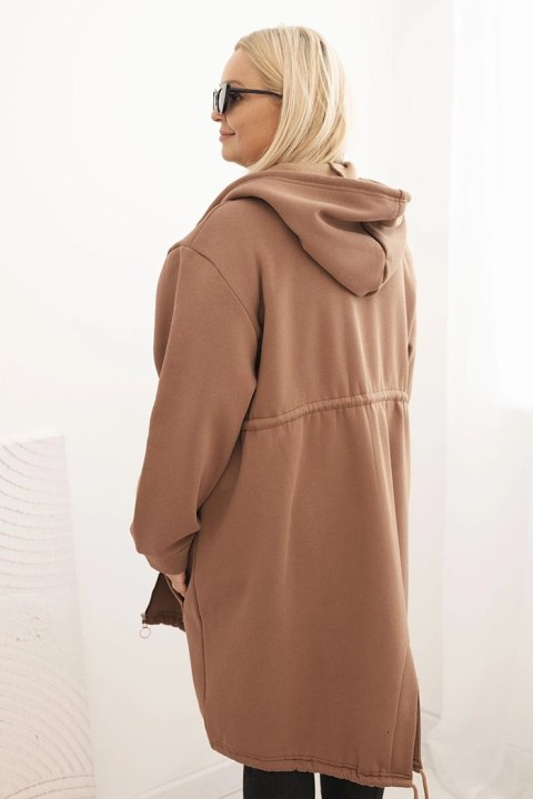 Bluza damska ocieplana Plus Size z kapturem i kieszeniami brązowa