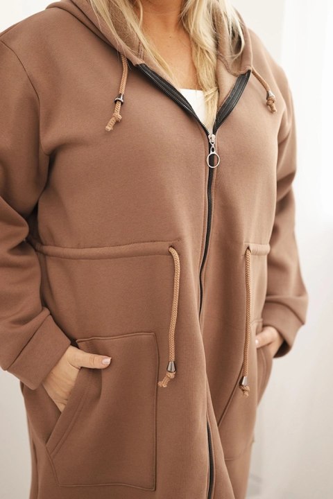 Bluza damska ocieplana Plus Size z kapturem i kieszeniami brązowa