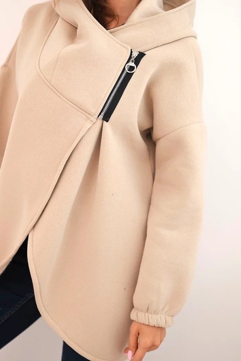 Bluza damska ocieplana z kapturem i asymetrycznym zamkiem beżowa