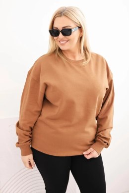 Bluza damska pętelkowa Plus Size bawełniana basic z okrągłym dekoltem camelowa