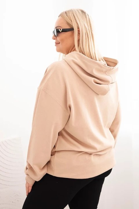 Bluza damska pętelkowa Plus Size bawełniana z kapturem i kieszenią kangurką beżowa