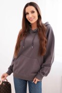 Bluza damska pętelkowa bawełniana z kapturem i kieszenią kangurką grafitowa