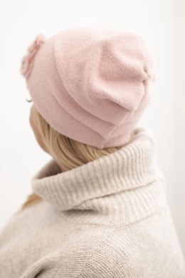 Czapka damska z ozdobnymi futrzanymi kwiatami elegancka ciemny pudrowy róż