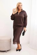 Komplet damska Plus Size z satynowym połyskiem i koronką brązowy