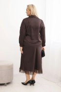 Komplet damska Plus Size z satynowym połyskiem i koronką brązowy