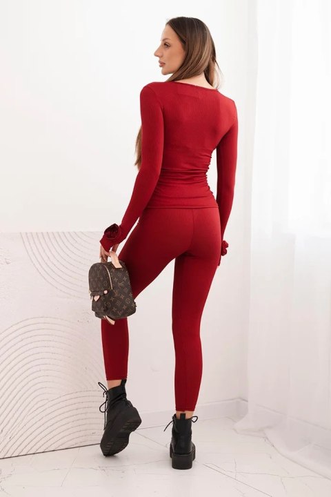 Komplet damska z prążkowanej wiskozy z długim rękawem i legginsami bordowy