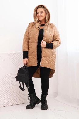 Kurtka damska zimowa Plus Size pikowana z kapturem camelowa