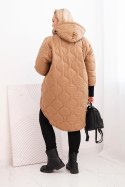 Kurtka damska zimowa Plus Size pikowana z kapturem camelowa
