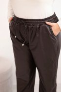 Spodnie damskie Plus Size ocieplane z ekoskóry z wysokim stanem brązowe