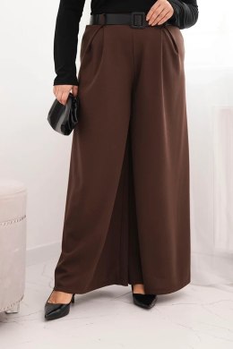 Spodnie damskie Plus Size z szeroką nogawką i paskiem brązowe