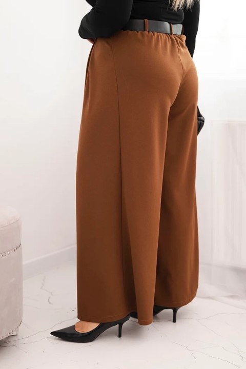 Spodnie damskie Plus Size z szeroką nogawką i paskiem czekoladowe