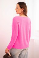 Sweter damski z miękkiej dzianiny z dekoltem V różowy neon
