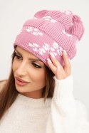 Czapka damska zimowa dzianinowa z wzorem śnieżynek K463 ciemno różowa