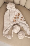 Czapka damska zimowa uszatka z pomponami K431 beżowa