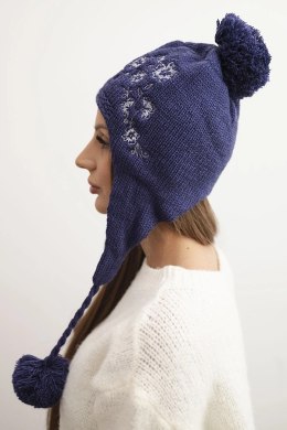 Czapka damska zimowa uszatka z pomponami K431 ciemno fioletowa