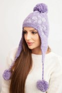 Czapka damska zimowa uszatka z pomponami K431 jasno fioletowa