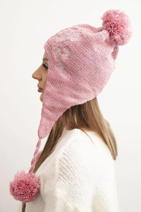 Czapka damska zimowa uszatka z pomponami K431 różowa