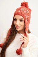 Czapka damska zimowa uszatka z pomponami K431 ruda