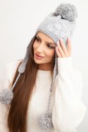 Czapka damska zimowa uszatka z pomponami K431 szara