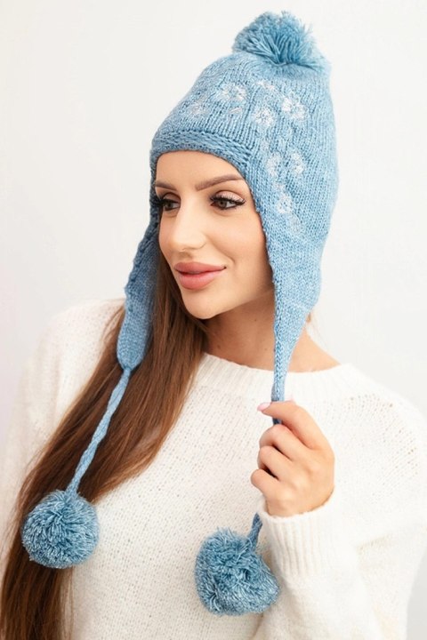 Czapka damska zimowa uszatka z pomponami K431 turkusowa