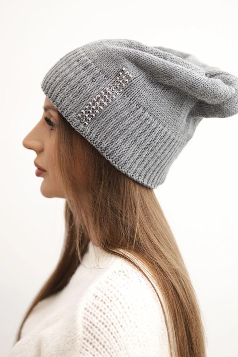 Czapka damska zimowa wełniana z cyrkoniami K453 szara