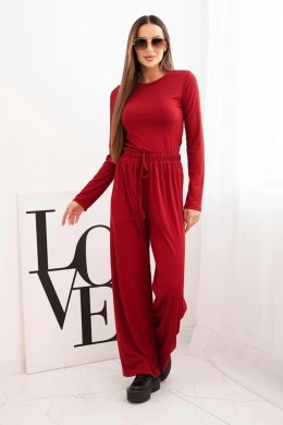 Komplet damski wiskozowy z bluzką i szerokimi spodniami bordowy