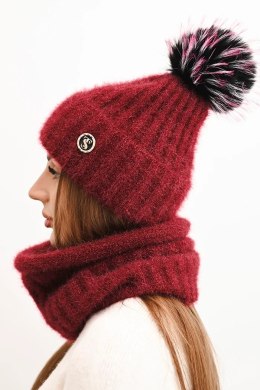 Komplet damski zimowy z pomponem i komin bordowy