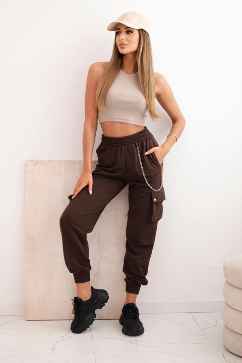Spodnie damskie bawełniane cargo z kieszeniami i łańcuszkiem brązowe