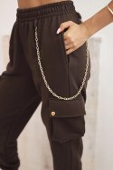 Spodnie damskie bawełniane cargo z kieszeniami i łańcuszkiem brązowe