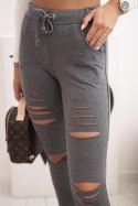 Spodnie damskie bawełniane z przetarciami i gumką w pasie grafitowe