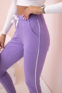 Spodnie dresowe damskie z lampasem i wiązaniem w pasie fioletowe